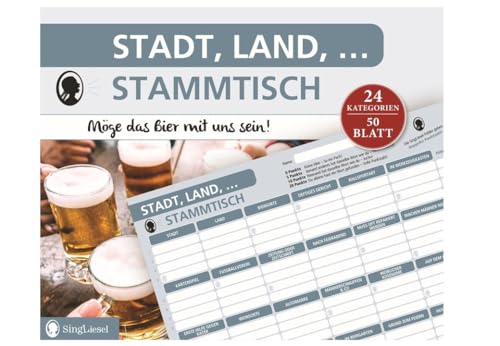 SingLiesel Stadt, Land, Stammtisch. Der beliebte Spieleklassiker als lustiges Kneipen- und Partyspiel | Stadt Land Fluss Spielblock | Lustige Fragen und knifflige Themen | Geschenk von SingLiesel