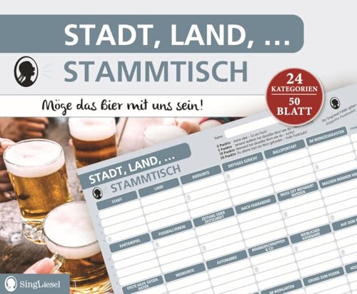 SingLiesel Stadt, Land, Stammtisch. Der beliebte Spieleklassiker als lustiges Kneipen- und Partyspiel | Stadt Land Fluss Spielblock | Lustige Fragen und knifflige Themen | Geschenk von SingLiesel