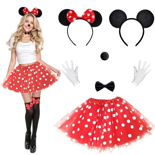 Damen Maus Mouse Kostüm Set,Rot Tutu mit weißen Punkten + Haarreifen mit schwarzen Ohren und roter Schleife + Handschuhe + Nase für Fasching Karneval Motto Cosplay Party von Singtis