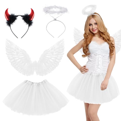 Engel Kostüm Damen Weiße mit Heiligenschein, Erwachsenes Engelsflügel Kostüm Damen mit Teufel Hörner, Tutu Rock, Strümpfe - Perfekt für Karneval, Fasching oder Mottopartys Engel Kostüm Damen Weiße mit Heiligenschein, Erwachsenes Engelsflügel Kostüm Damen mit Teufel Hörner, Tutu Rock, Strümpfe - Perfekt für Karneval, Fasching oder Mottopartys von Singtis