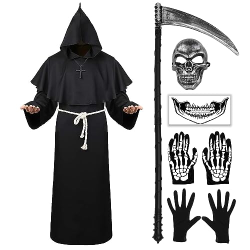 Mönch Robe Kostüm, Hallowee Mönch Priester Gewand Kostüm mit Kapuze Mittelalterliche Kapuze Herren Mönchskutte mit Kreuz-Halskette, Gürtel, Sense, Totenkopf Tattoos und Skull Masker, schwarz, Gr. XL von Singtis