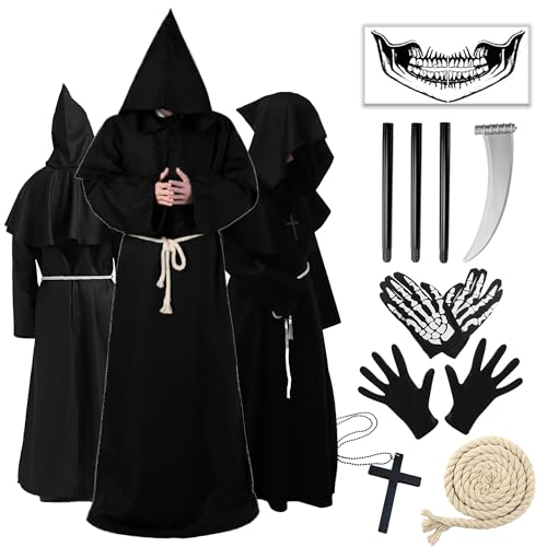 Halloween Mönch Robe Kostüm Set, Mönch Priester Gewand Kostüm mit Kapuze Mittelalterliche Kapuze Herren Mönchskutte mit Sense, Gürtel, Kreuz-Halskette, Tattoos und Handschuhe (Schwarz, L) von Singtis