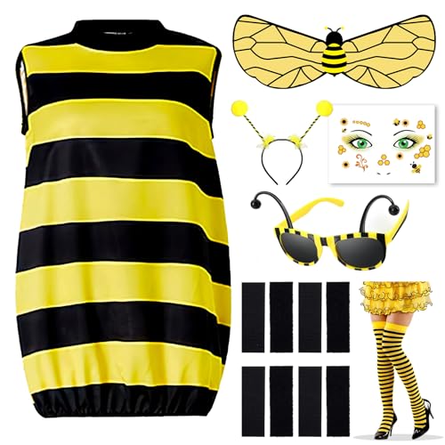 Singtis Biene Kostüm für Erwachsene Damen, Cosplay Kostüm 11 Set Bild Bienenkostüm Kit Bumblebee Kostüm mit Kopfschmuck, Gestreiftes Top, Wings, Socken, Bienengläser, Tattoos, Klettverschluss von Singtis