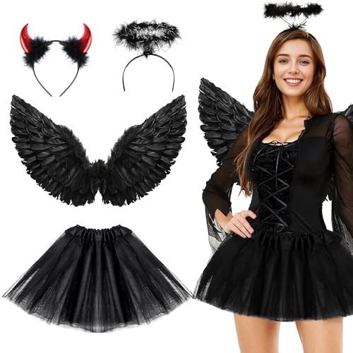 Singtis Engel Kostüm Damen Schwarz mit Heiligenschein, Erwachsenes Engelsflügel Kostüm Damen mit Teufel Hörner, TUTU Rock, Strümpfe - Perfekt für Karneval, Fasching oder Mottopartys Singtis Engel Kostüm Damen Schwarz mit Heiligenschein, Erwachsenes Engelsflügel Kostüm Damen mit Teufel Hörner, TUTU Rock, Strümpfe - Perfekt für Karneval, Fasching oder Mottopartys von Singtis