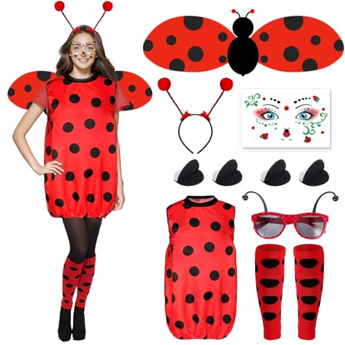 Singtis Marienkäfer Kostüm Damen Erwachsene Set, Ladybug kostüm, Marienkäfer Kostüm mit Flügeln, Brille, Tattoos, Beinärmel und Haarreif, Ladybug Party Outfit für Karneval Dress Up Party Cosplay von Singtis