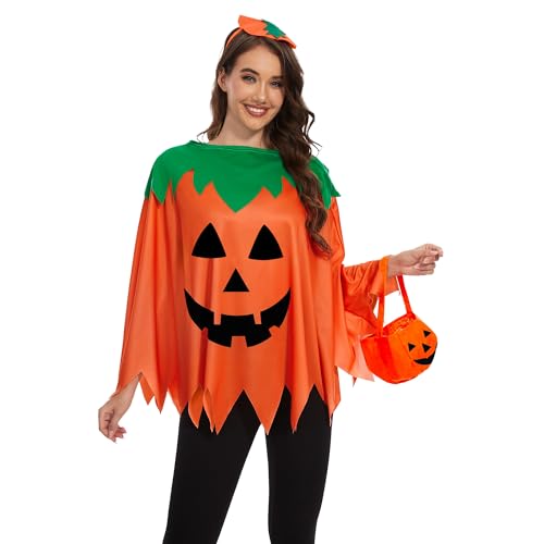 Singtis Kürbis Kostüm Damen 3-teilig, Halloween Kürbis Kleid mit Stirnband & Süßigkeitentasche | Lustiges Damenkostüm für Erwachsene & Mädchen | Verkleidung für Halloween & Karneval Party von Singtis