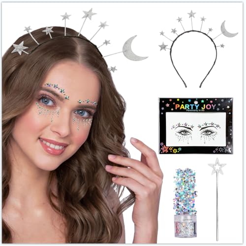 Singtis Mond Haarreif & Sterne Mond Stirnband Silber – Glitter Haarreif mit Strasssteinen und Glitzer Gesicht Sticker für Karneval, Fasching, Halloween, Musikfestival und Party von Singtis