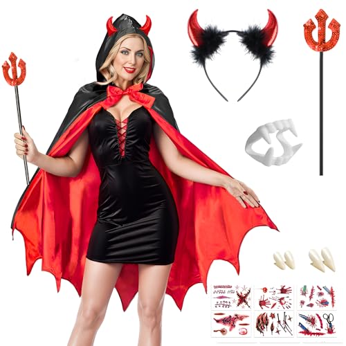 Singtis Teufel Kostüm Damen, Faschingskostüme Damen Frauen Teufelkostüm Teufel Umhang Damen Sexy für Karneval Masquerade, Halloween, Cosplay von Singtis