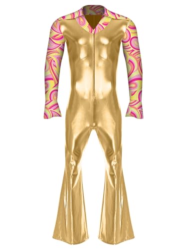 Sinleey 70er Jahre Disco Hippie Kostüm Für Herren Glänzender Metallischer Jumpsuit Weite Hosen Halloween Karneval Gold 4XL Sinleey 70er Jahre Disco Hippie Kostüm Für Herren Glänzender Metallischer Jumpsuit Weite Hosen Halloween Karneval Gold 4XL von Sinleey