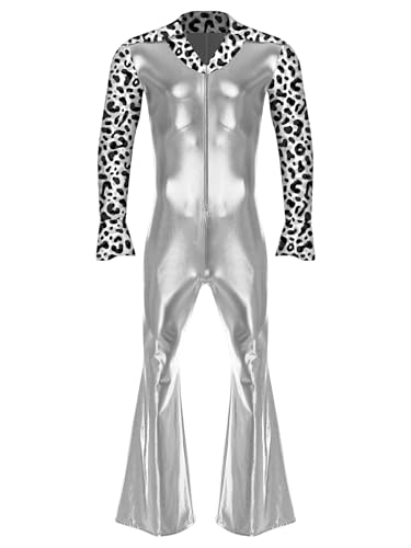 Sinleey 70er Jahre Disco Hippie Kostüm Für Herren Glänzender Metallischer Jumpsuit Weite Hosen Halloween Karneval Silber 4XL Sinleey 70er Jahre Disco Hippie Kostüm Für Herren Glänzender Metallischer Jumpsuit Weite Hosen Halloween Karneval Silber 4XL von Sinleey
