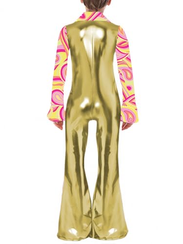 Sinleey 70er Jahre Disco Kostüm Für Jungen Metallisierter Overall Halloween Karneval Cosplay Outfit Gold 134-140 von Sinleey