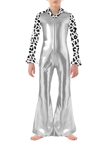 Sinleey 70er Jahre Disco Kostüm Für Jungen Metallisierter Overall Halloween Karneval Cosplay Outfit Silber 170 von Sinleey