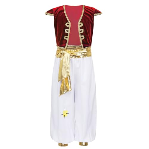 Sinleey Arabischer Prinz Kostüm Für Jungen Prinz Kostüm Set Weste + Hose Cosplay Halloween Karneval M3xl Rot 128-140 von Sinleey