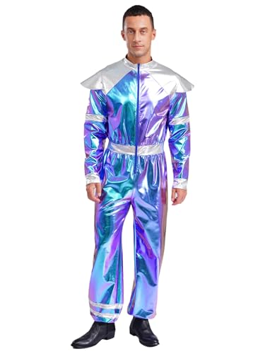 Sinleey Astronauten Kostüm Herren Silber Blau Glänzend Overall Halloween Karneval Blau L von Sinleey