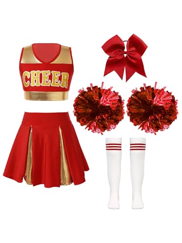 Sinleey Cheer Leader Kostüm Mädchen Uniform Glitzer Crop Top mit Rock Tanzkleid Kostüm Halloween Karneval A Rot 170 von Sinleey