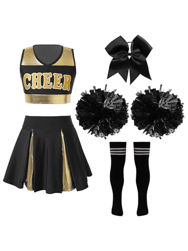 Sinleey Cheer Leader Kostüm Mädchen Uniform Glitzer Crop Top mit Rock Tanzkleid Kostüm Halloween Karneval A Schwarz-Weiß 110-116 von Sinleey
