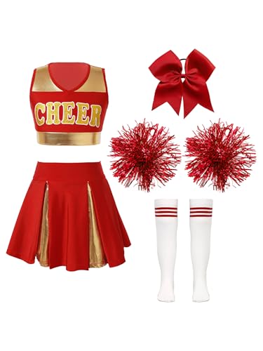 Sinleey Cheer Leader Kostüm Mädchen Uniform Glitzer Crop Top mit Rock Tanzkleid Kostüm Halloween Karneval B Rot 110-116 von Sinleey