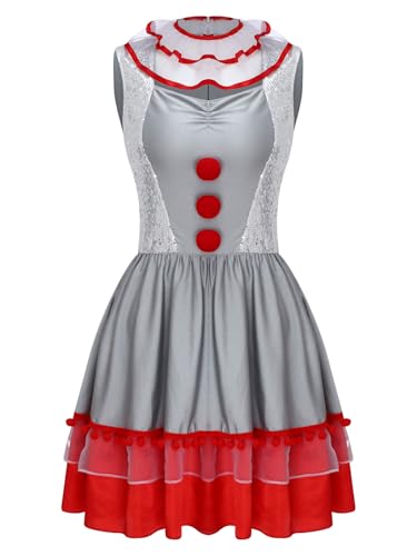 Sinleey Clown Kostüm Damen Kleid Gruselig Clown Outfit Für Halloween Kleidung Grau XXL von Sinleey
