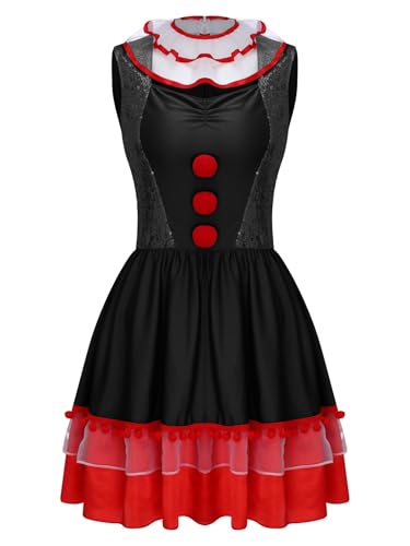 Sinleey Clown Kostüm Damen Kleid Gruselig Clown Outfit Für Halloween Kleidung Schwarz XL von Sinleey