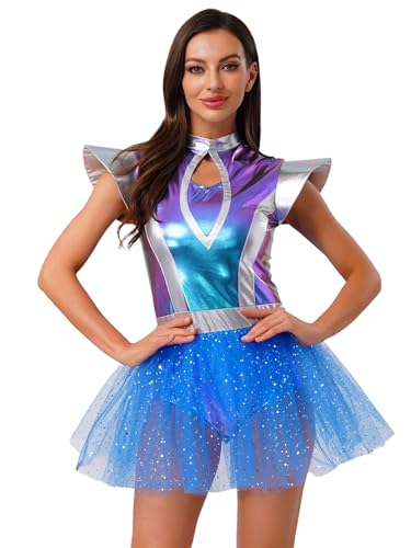 Sinleey Damen Alien Kostüm Space Girl Kleid Alien Verkleidung Cosplay Metallisiert Silber Blau Astronauten Kostüm Karneval Halloween Blau XXL von Sinleey