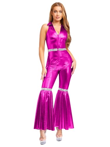 Sinleey Damen Metallisiertes Kombi Jumpsuit Ganzkörper Disco Bodysuit Kostüm 70er Jahre Karneval Halloween Pink L von Sinleey