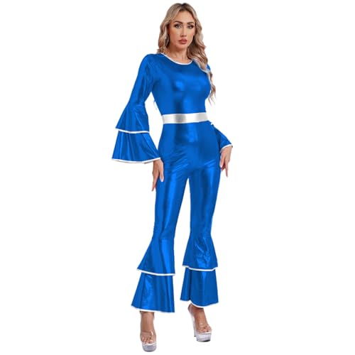 Sinleey Frauen Verkleidung Disko Kombination Hose Ausgestellt Hat Pfoten Elefant Anzug Metallisch Hell Halloween Karneval S-3xl Königsblau XXL von Sinleey