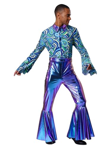 Sinleey Herren Disco Kostüm 60er 70er Jahre Hippie Overall Schlaghose Glänzender Metallstoff Halloween Karneval Blau XXL von Sinleey