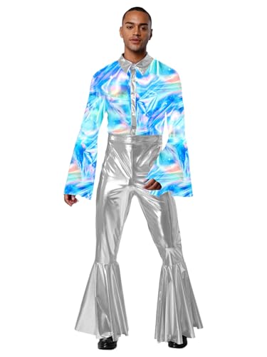 Sinleey Herren Disco Kostüm 60er 70er Jahre Hippie Overall Schlaghose Glänzender Metallstoff Halloween Karneval Silber L von Sinleey
