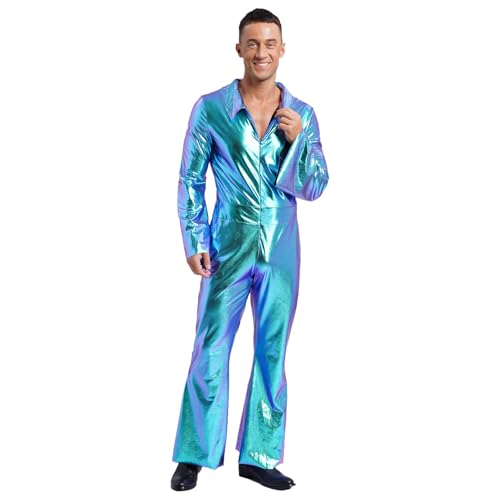 Sinleey Herren Disco Overall Metallisch Glänzend Halloween Karneval Sxl Blau XXL von Sinleey