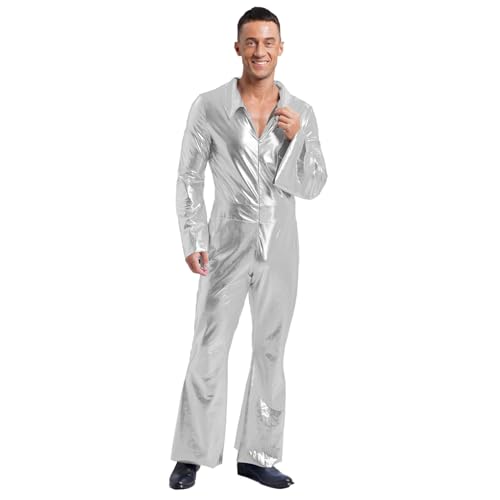 Sinleey Herren Disco Overall Metallisch Glänzend Halloween Karneval Sxl Silber XXL von Sinleey