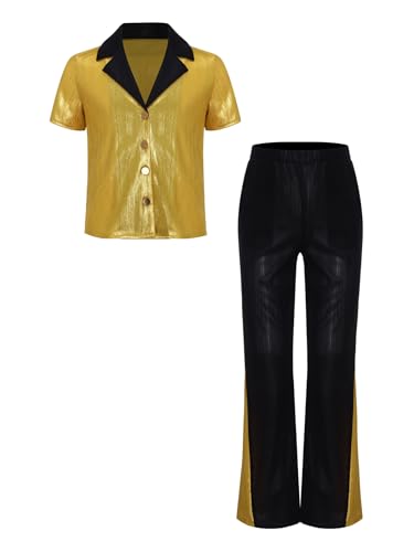 Sinleey Junge Kind Metall Set 60er 70er Jahre Disco Tanz Modern Jazz Shirt Und Schlaghose Party Abend Halloween Karneval Geburtstag Gold 122-128 von Sinleey