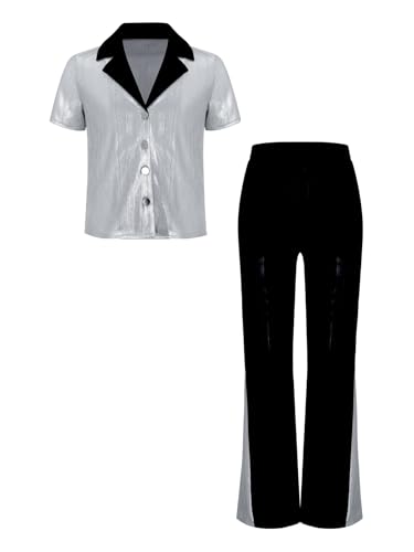 Sinleey Junge Kind Metall Set 60er 70er Jahre Disco Tanz Modern Jazz Shirt Und Schlaghose Party Abend Halloween Karneval Geburtstag Silber 158-164 von Sinleey