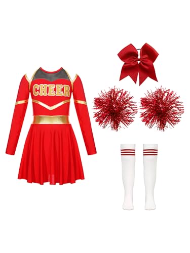 Sinleey Kinder Mädchen Kostüm Cheer Leader Verkleidung Uniform Kostüm Uniform Cheerleading Kleid Cosplay Karneval Halloween Outfit Set B Rot 122-128 von Sinleey