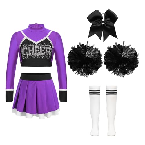 Sinleey Mädchen Kinder Kostüm Cheer leader Kleid Mit Pompons Karneval Halloween Auftritt Aufführung 5-16 Jahre Lila&Schwarz 170 von Sinleey