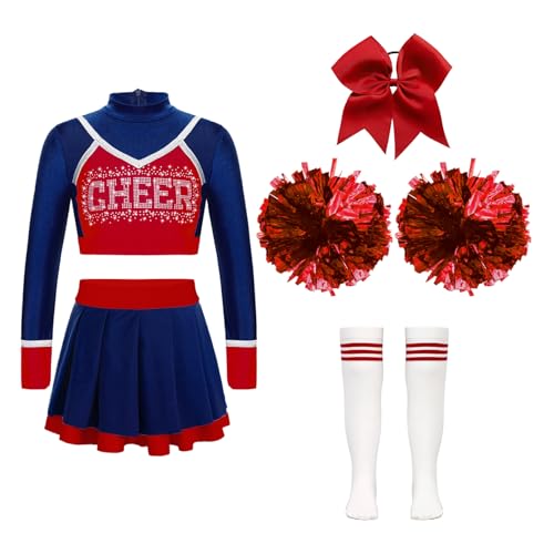 Sinleey Mädchen Kinder Kostüm Cheer leader Kleid Mit Pompons Karneval Halloween Auftritt Aufführung 5-16 Jahre Marineblau&Rot 122-128 von Sinleey