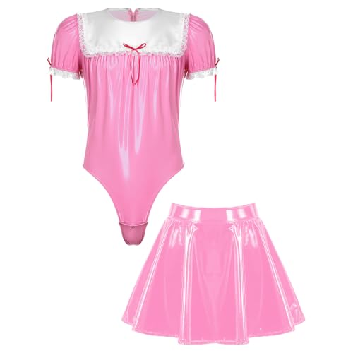 Sinleey Männer Verkleidung Dienstmädchen Lederbody Lackiert Rock Sissy Wäsche Maid Kostüm Kellner Clubwear M Xl Rosa L von Sinleey
