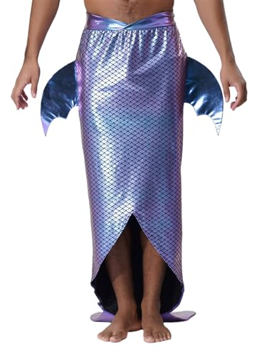 Sinleey Meerjungfrau Kostüm Männer Gott Der Meere Mermaid Prince Herren Kostüm Prinz Mann Rock Fischschuppen Metallic Karnevalskostüm Halloween Blau L von Sinleey