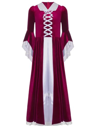 Sinleey Mittelalterliches Kleid Mädchen Retro Mittelalter Kostüm Viktorianische Renaissance Gothique Maxi Kleid Für Karneval Halloween Fest Burgund 122-128 von Sinleey