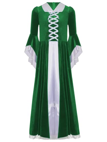 Sinleey Mittelalterliches Kleid Mädchen Retro Mittelalter Kostüm Viktorianische Renaissance Gothique Maxi Kleid Für Karneval Halloween Fest Grün 158-164 von Sinleey