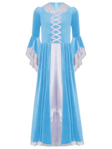 Sinleey Mittelalterliches Kleid Mädchen Retro Mittelalter Kostüm Viktorianische Renaissance Gothique Maxi Kleid Für Karneval Halloween Fest Hellblau 158-164 von Sinleey