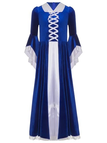 Sinleey Mittelalterliches Kleid Mädchen Retro Mittelalter Kostüm Viktorianische Renaissance Gothique Maxi Kleid Für Karneval Halloween Fest Königsblau 134-140 von Sinleey