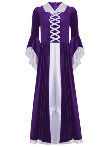 Sinleey Mittelalterliches Kleid Mädchen Retro Mittelalter Kostüm Viktorianische Renaissance Gothique Maxi Kleid Für Karneval Halloween Fest Lila 158-164 von Sinleey