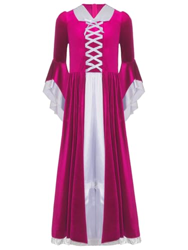 Sinleey Mittelalterliches Kleid Mädchen Retro Mittelalter Kostüm Viktorianische Renaissance Gothique Maxi Kleid Für Karneval Halloween Fest Pink 134-140 von Sinleey