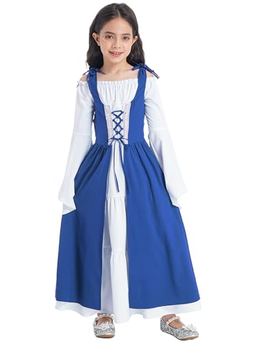 Sinleey Mittelalterliches Renaissance Kleid Für Mädchen Vintage Verkleidung Halloween Cosplay Karneval Fest 5-16 Jahre Blau 158-164 von Sinleey