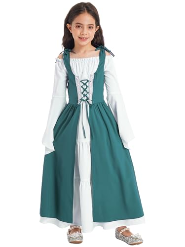Sinleey Mittelalterliches Renaissance Kleid Für Mädchen Vintage Verkleidung Halloween Cosplay Karneval Fest 5-16 Jahre Grün 158-164 von Sinleey