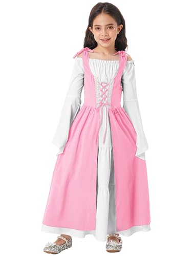 Sinleey Mittelalterliches Renaissance Kleid Für Mädchen Vintage Verkleidung Halloween Cosplay Karneval Fest 5-16 Jahre Rosa 134-140 von Sinleey