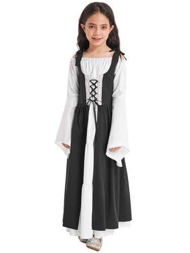 Sinleey Mittelalterliches Renaissance Kleid Für Mädchen Vintage Verkleidung Halloween Cosplay Karneval Fest 5-16 Jahre Schwarz 146-152 von Sinleey