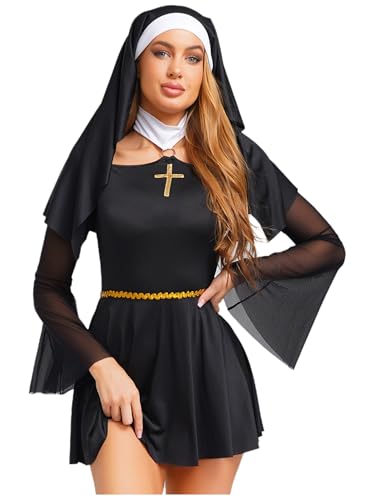 Sinleey Nonnen Kostüm Damen Kleid Mit Religiöser Haube Halloween Karnevalskostüm Schwarz 3XL von Sinleey