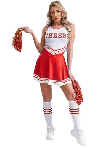 Sinleey Pompom Girl Kostüm Damen Tanzkleid Pom Pom Girl Outfit Socken Mit Puscheln Halloween Karneval Rot L von Sinleey