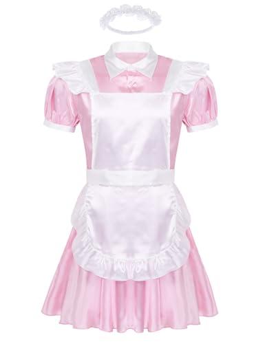 Sinleey Sissy Maid Outfit Herren Seidenkleid Kostüm Erwachsener Servierer Cosplay Uniforme Karneval Halloween Rosa Medium von Sinleey